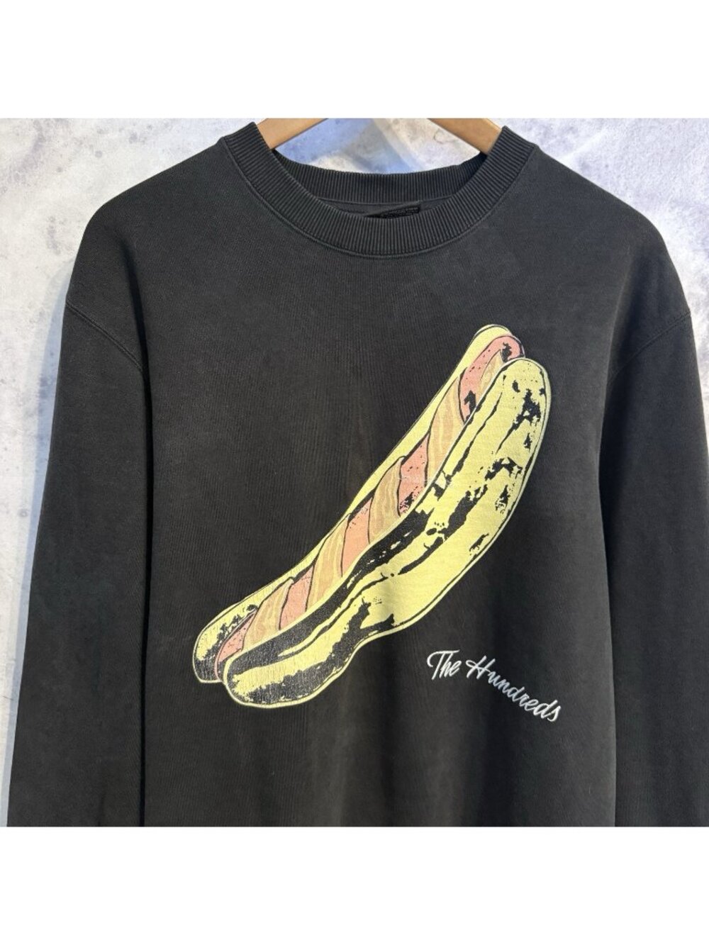 The Hundreds Graphic Crewneck Large Faded Black Bacon Wrapped Hot Dog Sweatshirt
